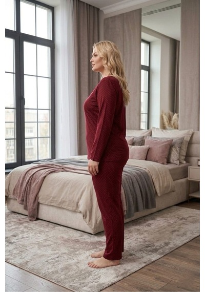 Eyfuze Kadın Büyük Beden Desenli Yakası Düğmeli Uzun Kollu Bambu Pijama Takımı Bordo