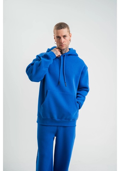 Unisex Double Oversize Kapşonlu Basic Sweatshirt - Mavi 001