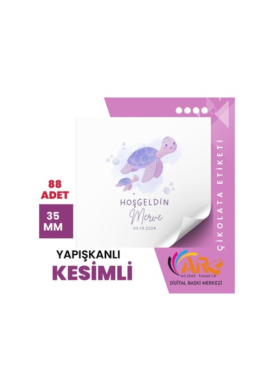 Yenidoğan Kaplumbağa Figürlü Çikolata Etiketi 3,5x3,5 Cm 88 Adet -arl Etiket Tasarım Beyaz