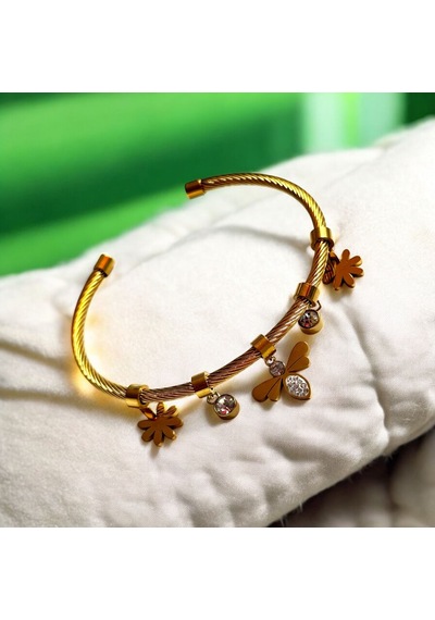 Kırmızı Sanat Evi Gold Arı Ve Çiçek Detaylı Şık Taşlı Kadın Çelik Kelepçe