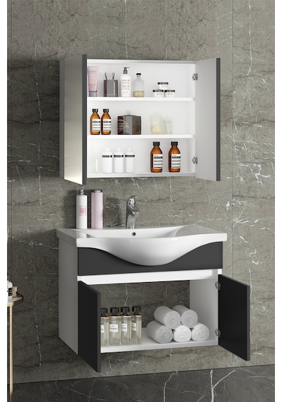 Yıldız 80 Cm Beyaz-antrasit Gri Mdf Asma Banyo Dolabı Takımı Beyaz - Antrasit