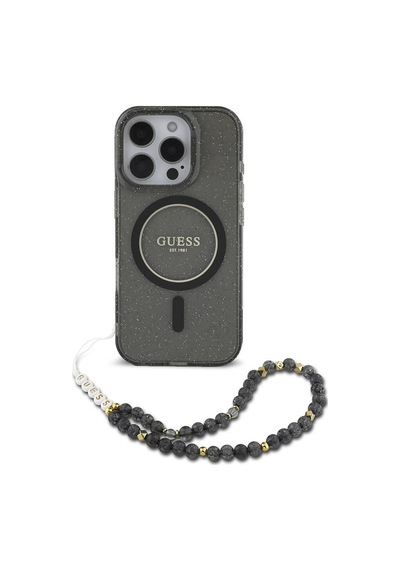 Apple Uyumlu iPhone 16 Pro Max Kılıf Guess Lisanslı Magsafe Özellikli Simli Silikon İnci Bileklikli Siyah