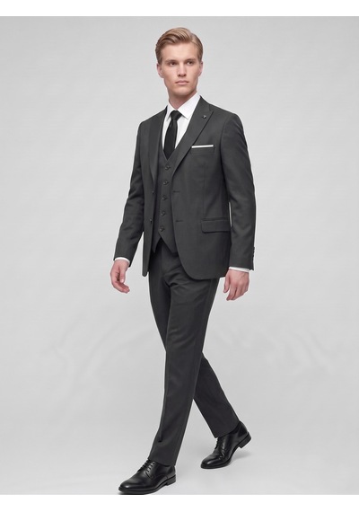 Tk6896 Erkek 3 Parça Slim Fit Çift Yırtmaçlı Takım Elbise Yelekli Şık Klasik Takım 6 Drop Siyah