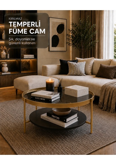 Oslo Orta Sehpa Füme Temperli Cam Gold Metal Ayak Siyah