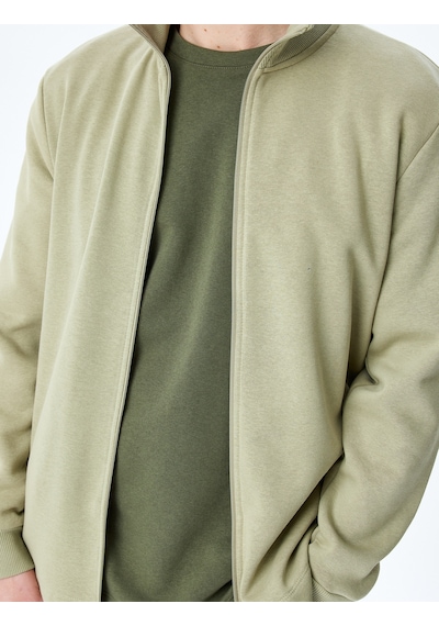 Koton Regular Fit Pamuk Karışımlı Uzun Kollu Basic Fermuarlı Sweatshirt Haki 5wam70253mk Haki