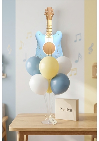 Retro Mat Mavi Gitar Balon Stand Seti Şeffaf 7 Li Stand + Retro Mat Mavi Gitar Folyo Balon + 7 Lateks Balon Retro Mavi