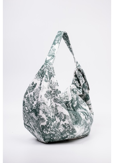 Fabric Craft Bag Omuz Çantası Yeşil Desenli Duck Kumaş Astarlı Fermuarlı 60x32 Cm Yeşil - Beyaz