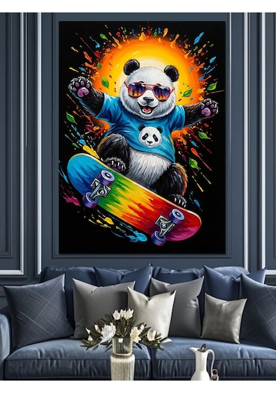 Kaykaycı Panda Skater Panda Dekoratif Kanvas - Mdf Ahşap Tablo