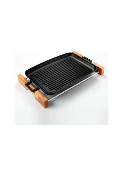 Lava Döküm Grill Tepsi. Izgara Yüzeyli. Metal Kulplu. Ahşap Stand
