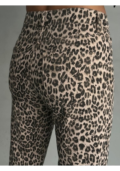 Leopar Desenli Straıght Boru Paça Likralı Pantolon Bej