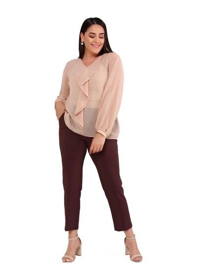 Hanezza Kadın Büyük Beden Önü Fırfır Detaylı Pudra 42-54 Silky Şifon Bluz Iç Askılı Bluz Ile Gönderilir Pudra - 30872078 Pudra