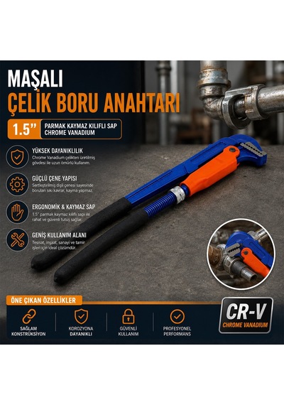 Hcs Cr-v Maşalı Çelik Boru Anahtarı 1.5" Parmak Pıpe Wrench Chrome Vanadıum