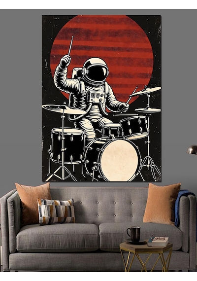 Ahşap Tablo Ay Önünde Bateri Çalan Astronot Çiçek Resimli Tablolar