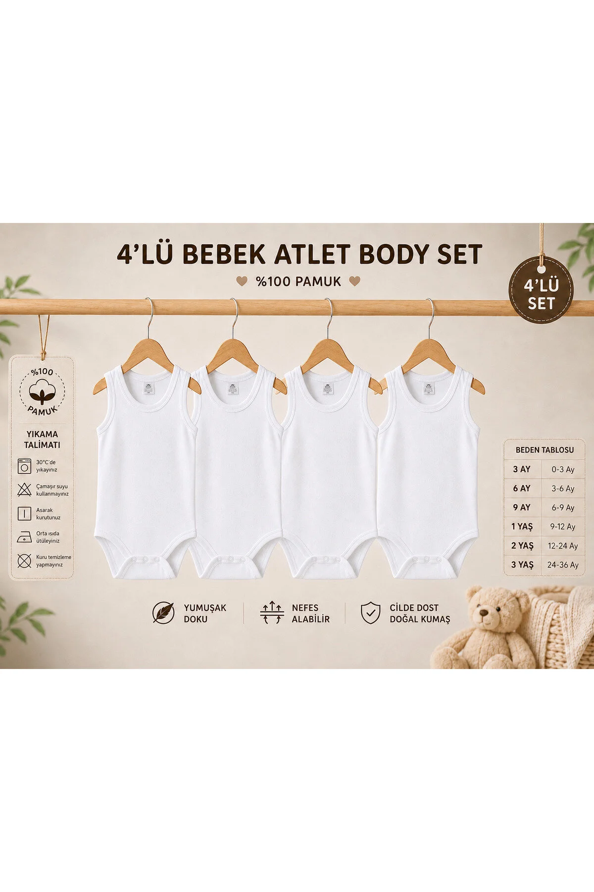 Mini Boncuk 4 Lü %100 Pamuk Unisex Bebek Atlet Body Seti Beyaz