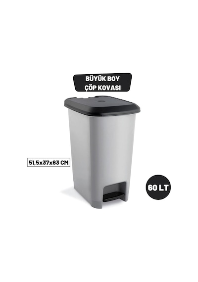 Melkan Home Slim Pedallı Çöp Kovası 60 Litre & Büyük Boy Pedallı Çöp Kovası Gri Metalik Gri Diğer