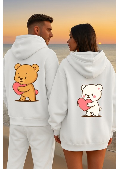 Nevermind Kalpli Ayıcık Sevgili Kombini Hoodie Unisex Oversize Çift Sweat Beyaz