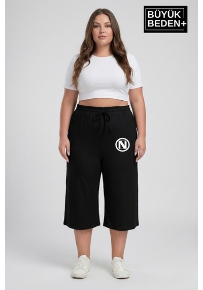 Süperlife Büyük Beden N Baskılı Kadın Şort Kapri Rahat Kalıp Cepli Bağcıklı 3xl-6xl Spr26bsrk591-19 Siyah