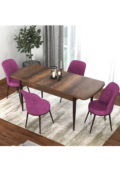 Canisa Concept Kor Serisi 70x114 Açılabilir Mutfak Masası Takımı Barok Desen Masa 4 Mor Sandalye Masa Barok Sandalyeler Mor