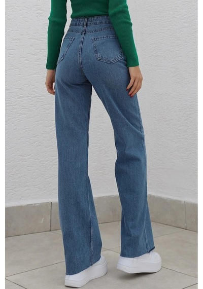 Orta Mavi Likralı Süper Yüksek Bel Salaş Jeans Palazzo Pantolon Orta Mavi
