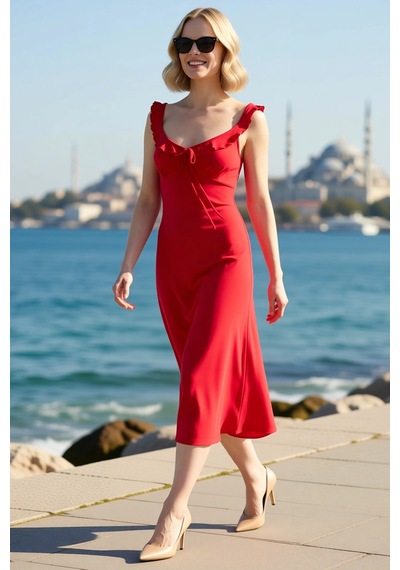 Benerly Kadın Maxi Bodycon V Yaka Kolsuz Volanlı Askılı Astarlı Esnek Örm Kırmızı