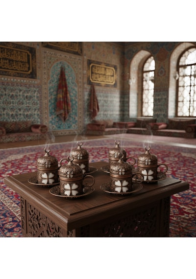 Yonca Desenli 6 Kişilik Porselenli Kapaklı 24 Parça Bakır Renk Fincan Seti Bakır
