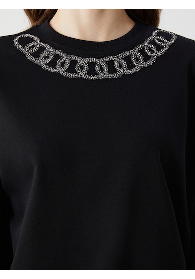 Lcw Modest Siyah Bisiklet Yaka Baskılı Oversize Kadın Sweatshirt