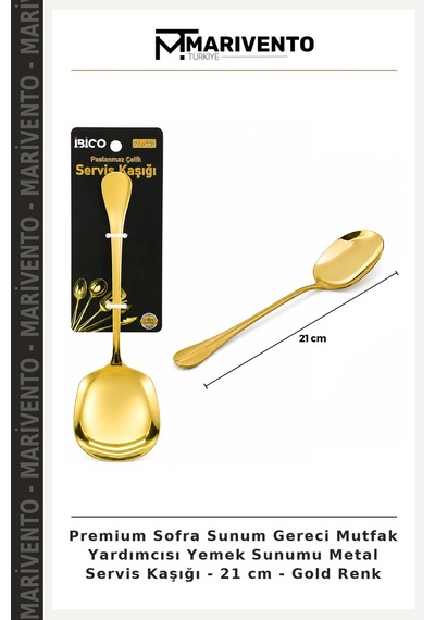 Premium Sofra Sunum Gereci Mutfak Yardımcısı Yemek Sunumu Metal Servis Kaşığı - 21 Cm - Gold Renk