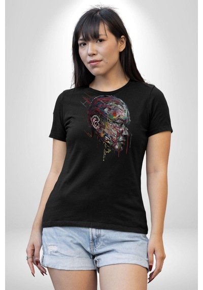İnsan Kafası Sulu Boya Unisex Unisex Siyah Organik Baskılı T-shirt Penye Yüksek Kalite Siyah