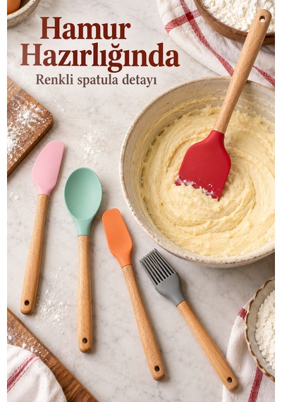 Renkli Mutfak Seti Spatula Kaşık Ve Fırça - Lisinya Kırmızı