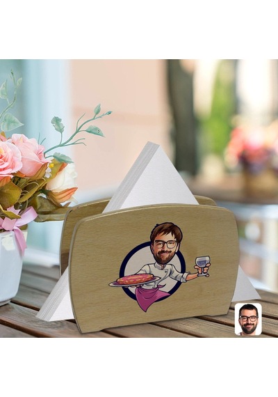 Kişiye Özel Erkek Chef Karikatürlü Lüks Ahşap Peçetelik-1 (511119593)