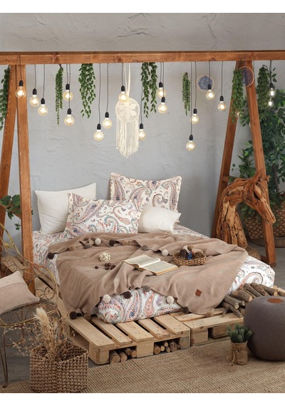 Boho Chic Çift Kişilik Battaniye Takımı - Cappuccino