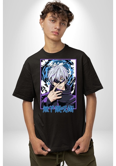 Jujutsu Vintage Washed - Megumi Gojo Anime Manga Pamuklu Bisiklet Yaka Unisex Oversize Boyfriend Dijital Baskılı Siyah T-shirt Siyah