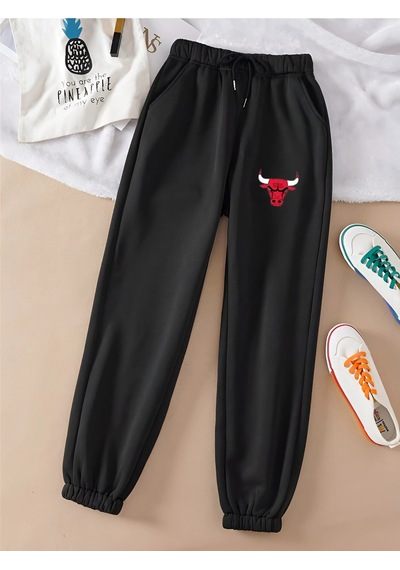 Unisex Kadın/erkek Bulls Baskılı Özel Renkli Paça Lastik Eşofman Altı Jogger Siyah