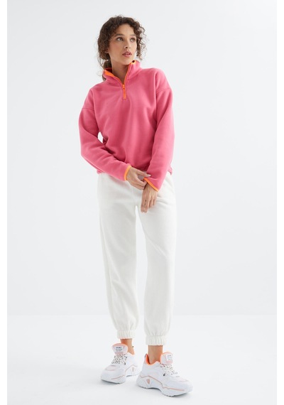 Tommy Life Şeker Pembe Yarım Fermuar Etek Ucu Büzgülü Dik Yaka Oversize Kadın Polar Sweatshirt - 97234 Şeker Pembe