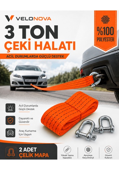 3 Ton Kırmızı Çekme Halatı 3 Metre 5 Cm Genişlik 2 Adet Çelik Mapa Dahil %100 Polyester Araç Kurtarma Halatı
