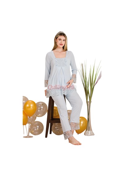 Quilling Bebe Mavi Renkli Dantel Detaylı, 33203, 2 Parça Lohusa Hamile Pijama Takımı Açık Mavi