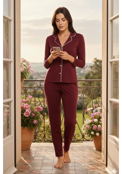 Kompedan Kadın Pamuklu Süprem Önden Düğmeli Biyeli Pijama Takımı Bordo 127 Bordo