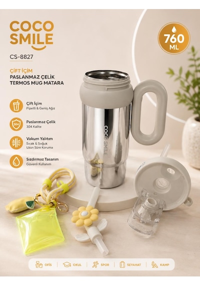 Cocosmile Cs-8827 Krem Bej 760 Ml Çift İçim Paslanmaz Çelik Termos Mug Matara Askılı