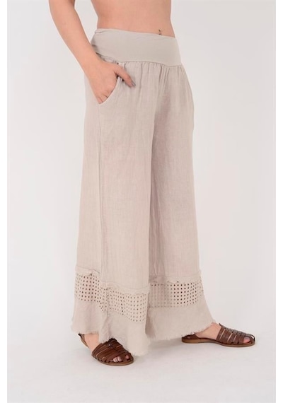 Eren Style İtalyan Fisto Paça Detaylı Keten Pantolon-9893 Bej