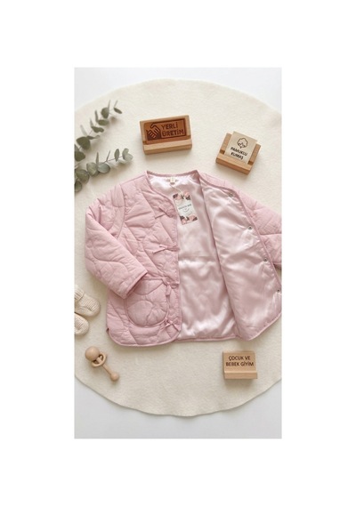 Deniva Kids Kız Çocuk Pudra Pembe Kalp Kapitone Fiyonk Detaylı Mevsimlik Ceket Mont