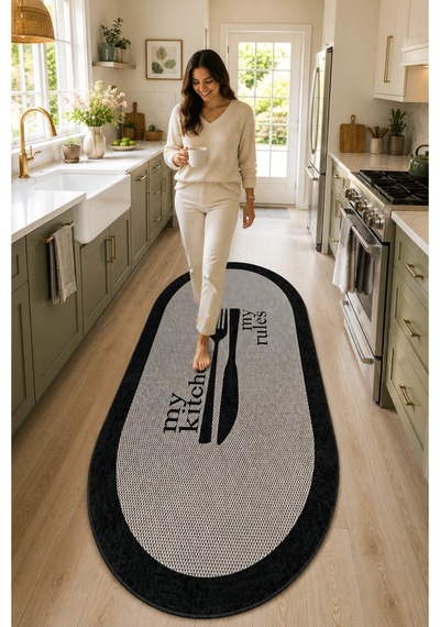 Myrol Oval Makinede Yıkanabilir Kaymaz Taban Leke Tutmaz Dijital Salon Halısı Mutfak Halısı Ve Yolluk Siyah - Oval