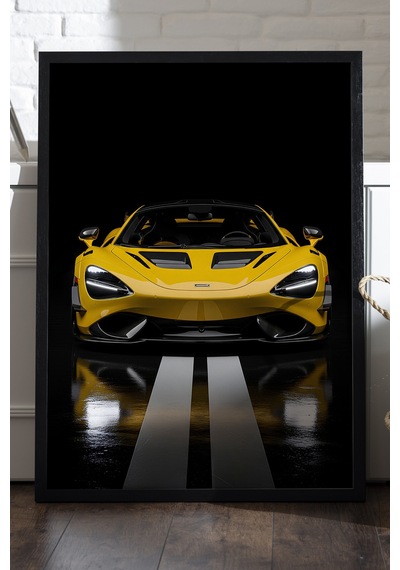 Mclaren 765lt Siyah Ahşap Çerçeveli Poster, Dekoratif Araba Duvar Tablosu