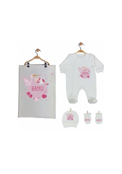 Pia Baby Gl 2005 İsme Özel Leylekli Beşli Tulum Set Krem