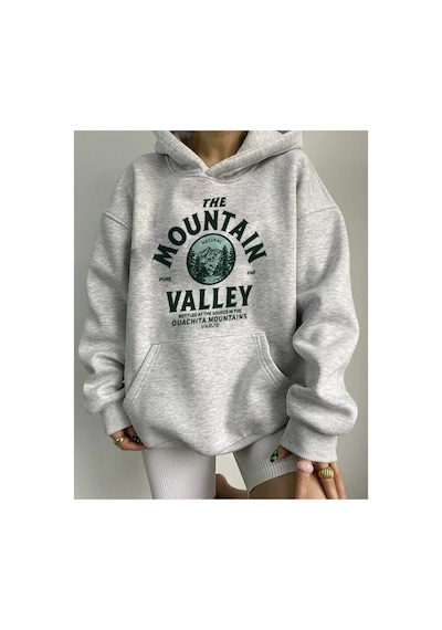 Blackjack Giyim Unisex Gri Oversize Kapüşonlu Kanguru Cepli The Mountain Baskılı Sweatshirt Hoodie Gri
