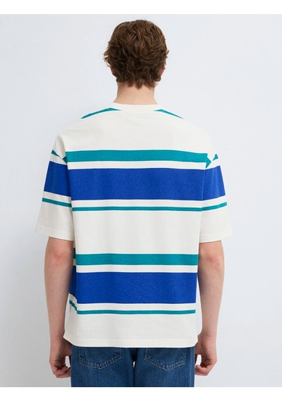 Mavi M0613331-70057 Basic Çizgili Tişört Loose Fit Tişört Erkek T-shirt Beyaz