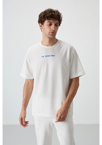 Air Jones Tommy Life Ekru Pamuklu Kalın Yüzeyi Dokulu Oversize Fit Baskılı Erkek T-shirt - 88364 Ekru