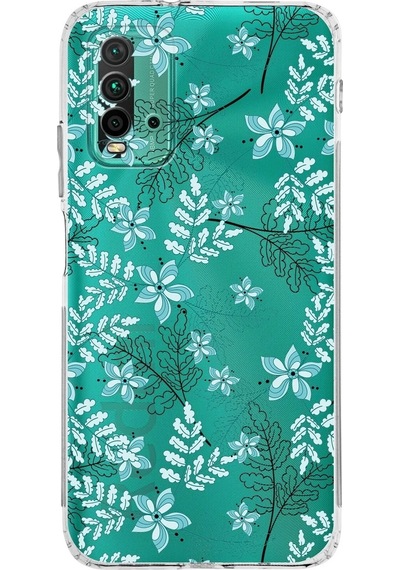 Xiaomi Redmi 9t Kamera Korumalı Kapak Floral Su Yeşili Tasarımlı Şeffaf Kılıf