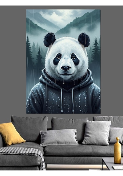 Ahşap Tablo Yağmurdaki Kapüşonlu Panda