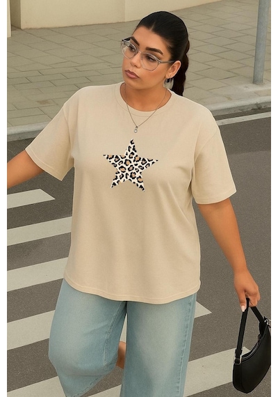Büyük Beden Yıldız Leopar Baskılı Unisex Tişört Bej