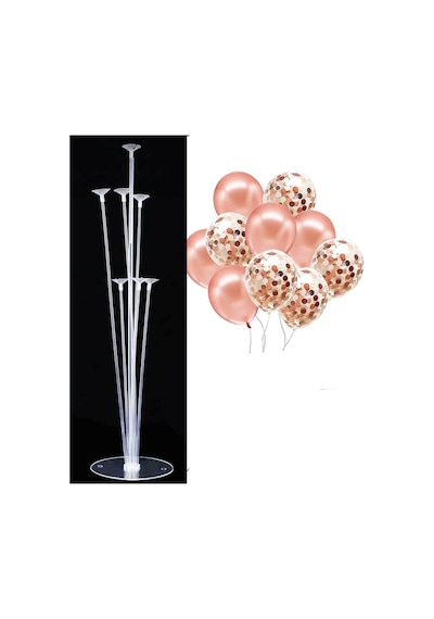 7'li Balon Standı Ve 10 Adet Rose Gold-beyaz-şeffaf Konfetili Balon Set